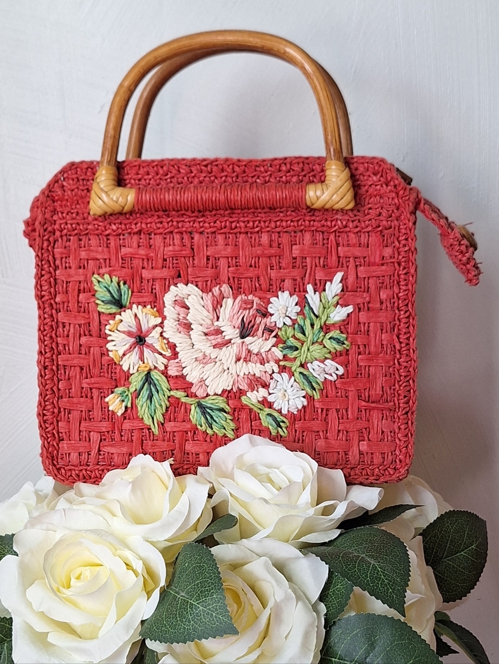 Vintage Fossil Woven Straw Floral Embroidered Satchel #SL3736